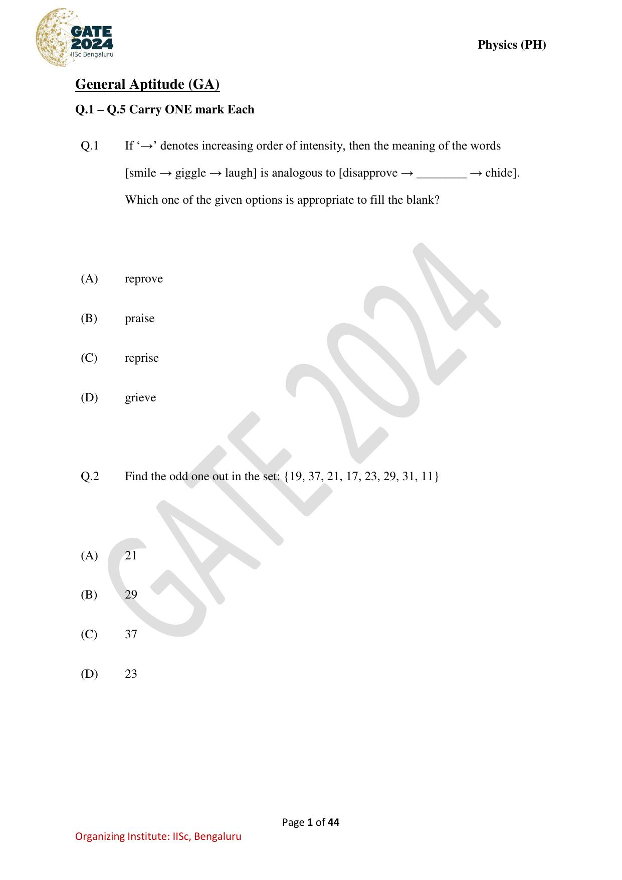 GATE 2024 Physics (PH) Question Paper - Page 1