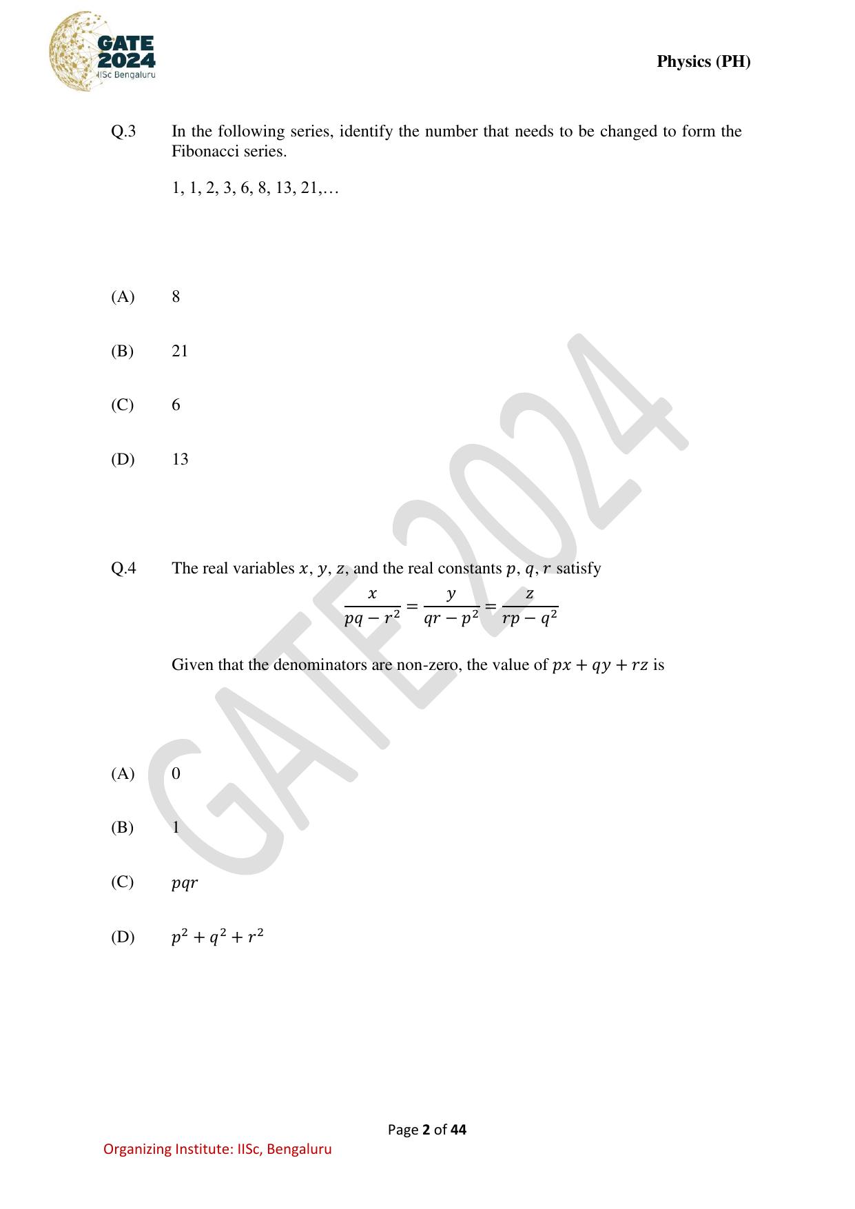 GATE 2024 Physics (PH) Question Paper - Page 2