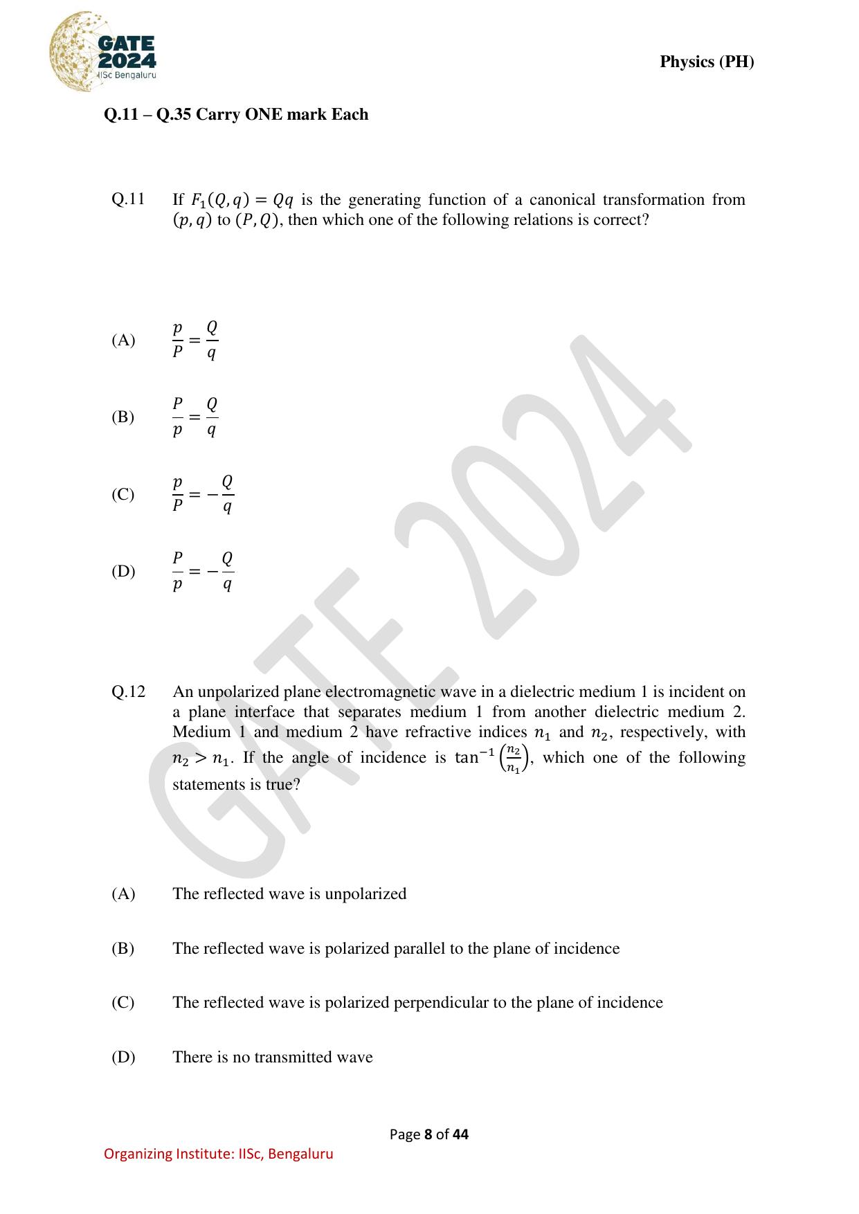 GATE 2024 Physics (PH) Question Paper - Page 8