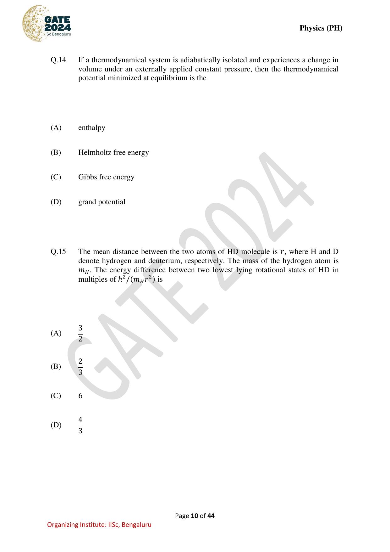 GATE 2024 Physics (PH) Question Paper - Page 10