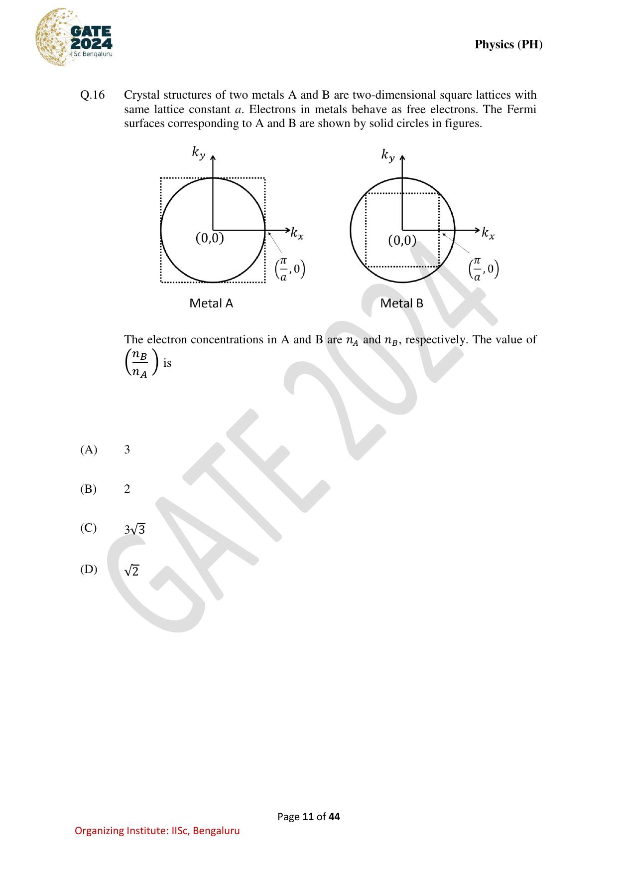 GATE 2024 Physics (PH) Question Paper - Page 11