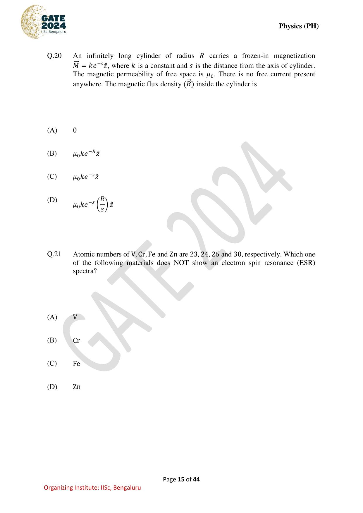 GATE 2024 Physics (PH) Question Paper - Page 15
