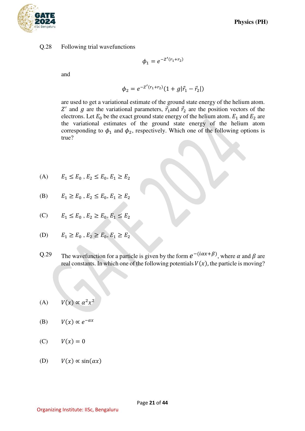 GATE 2024 Physics (PH) Question Paper - Page 21