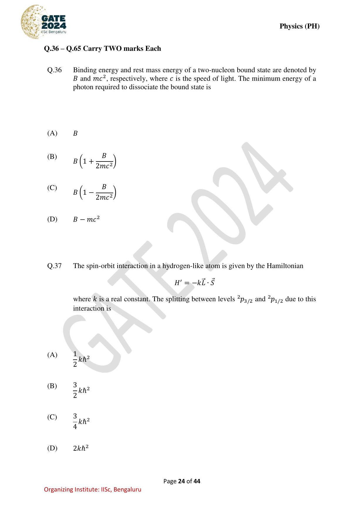 GATE 2024 Physics (PH) Question Paper - Page 24