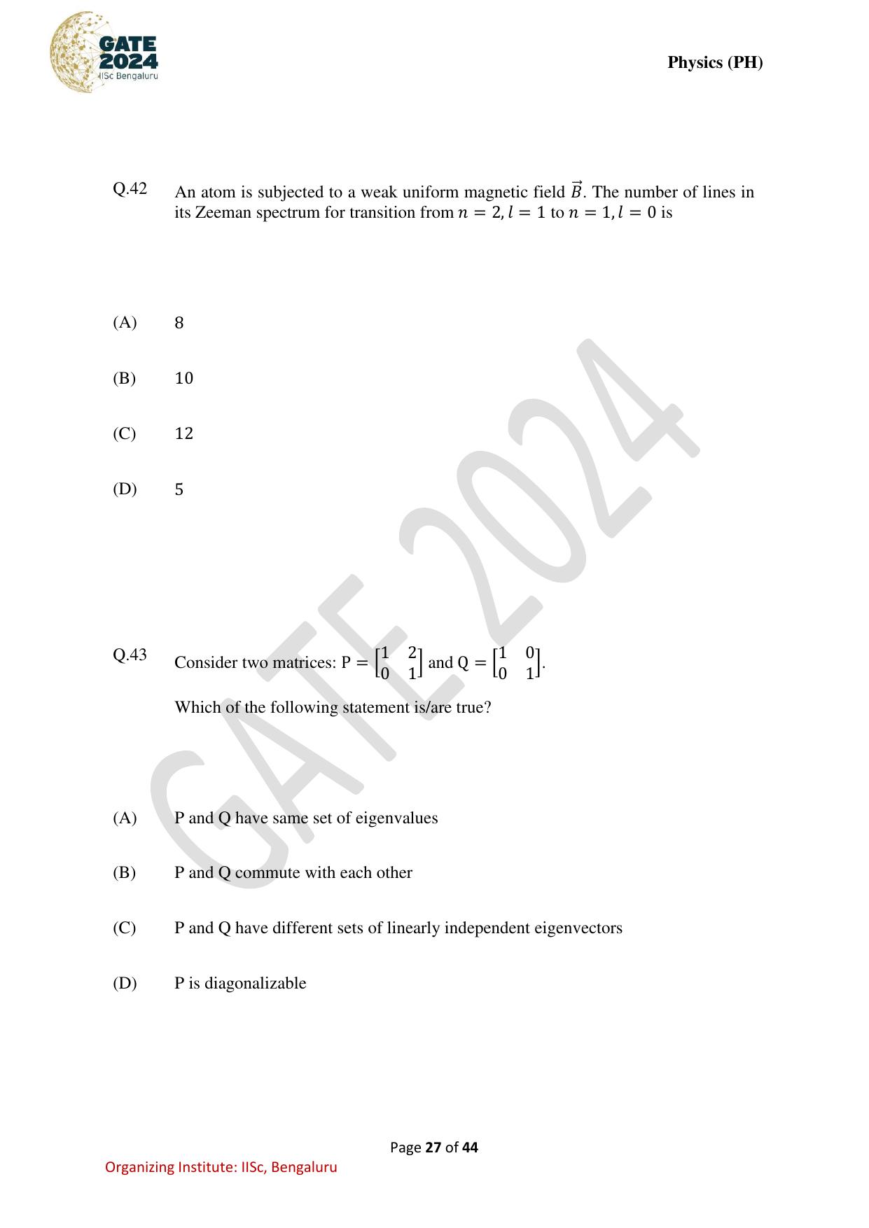 GATE 2024 Physics (PH) Question Paper - Page 27