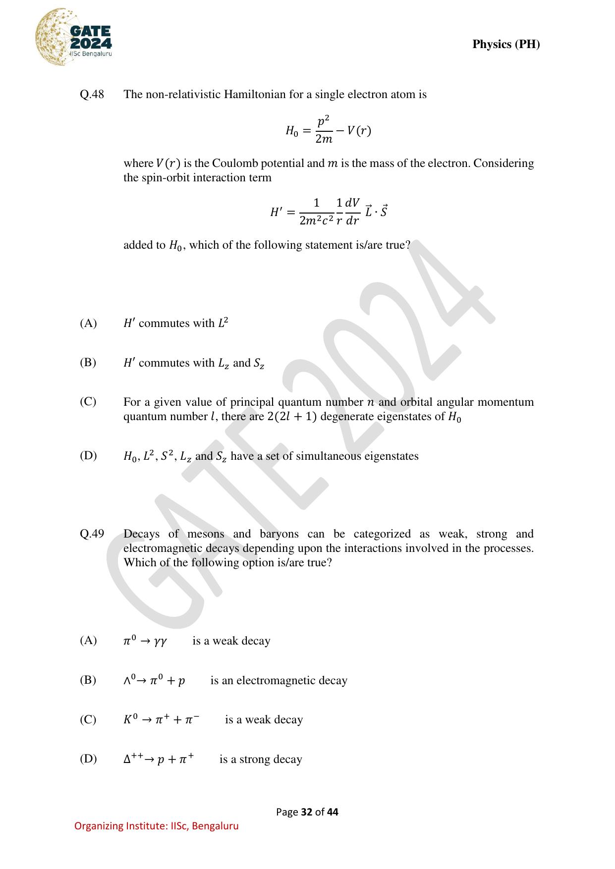 GATE 2024 Physics (PH) Question Paper - Page 32