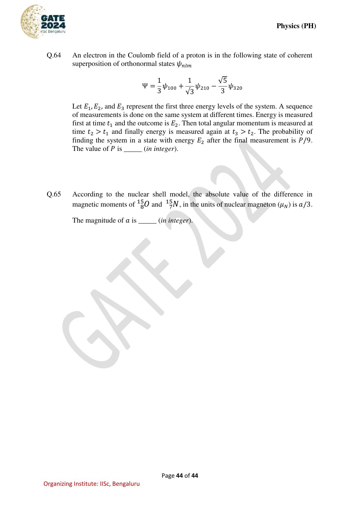 GATE 2024 Physics (PH) Question Paper - Page 44