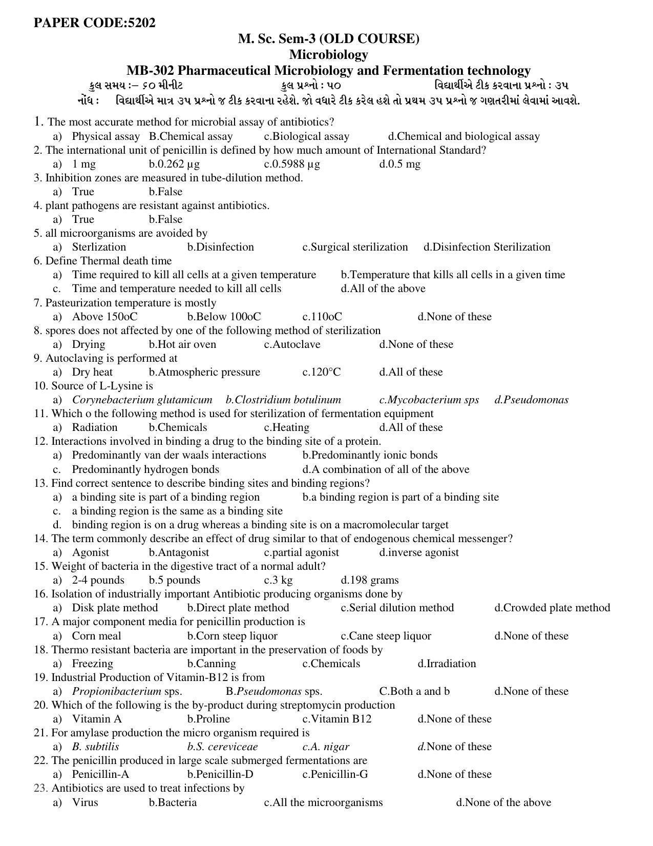 Hemchand North Gujarat University Sample Paper July-Sept 2021: M. Sc. Sem-3 MB-302 Pharmaceutical Microbiology and Fermentation technology Paper Code - 5202 (Old Course) - Page 1