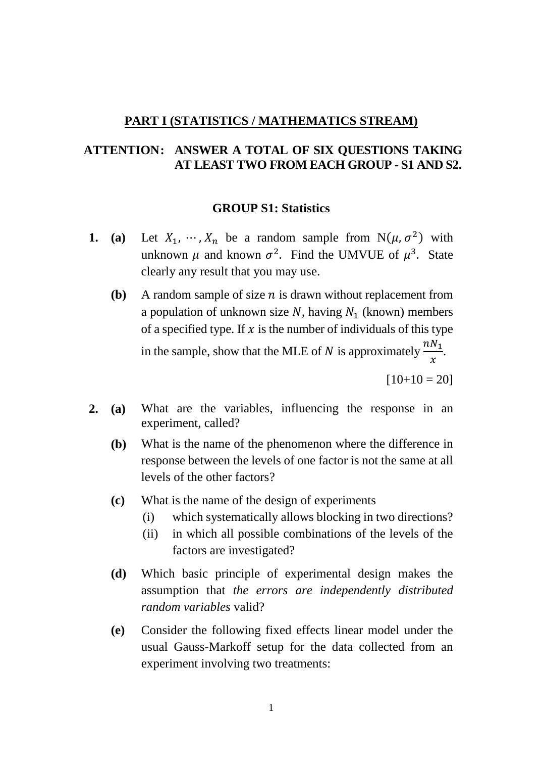 ISI Admission Test M.Tech (QROR) PQB 2017 Sample Paper - Page 1