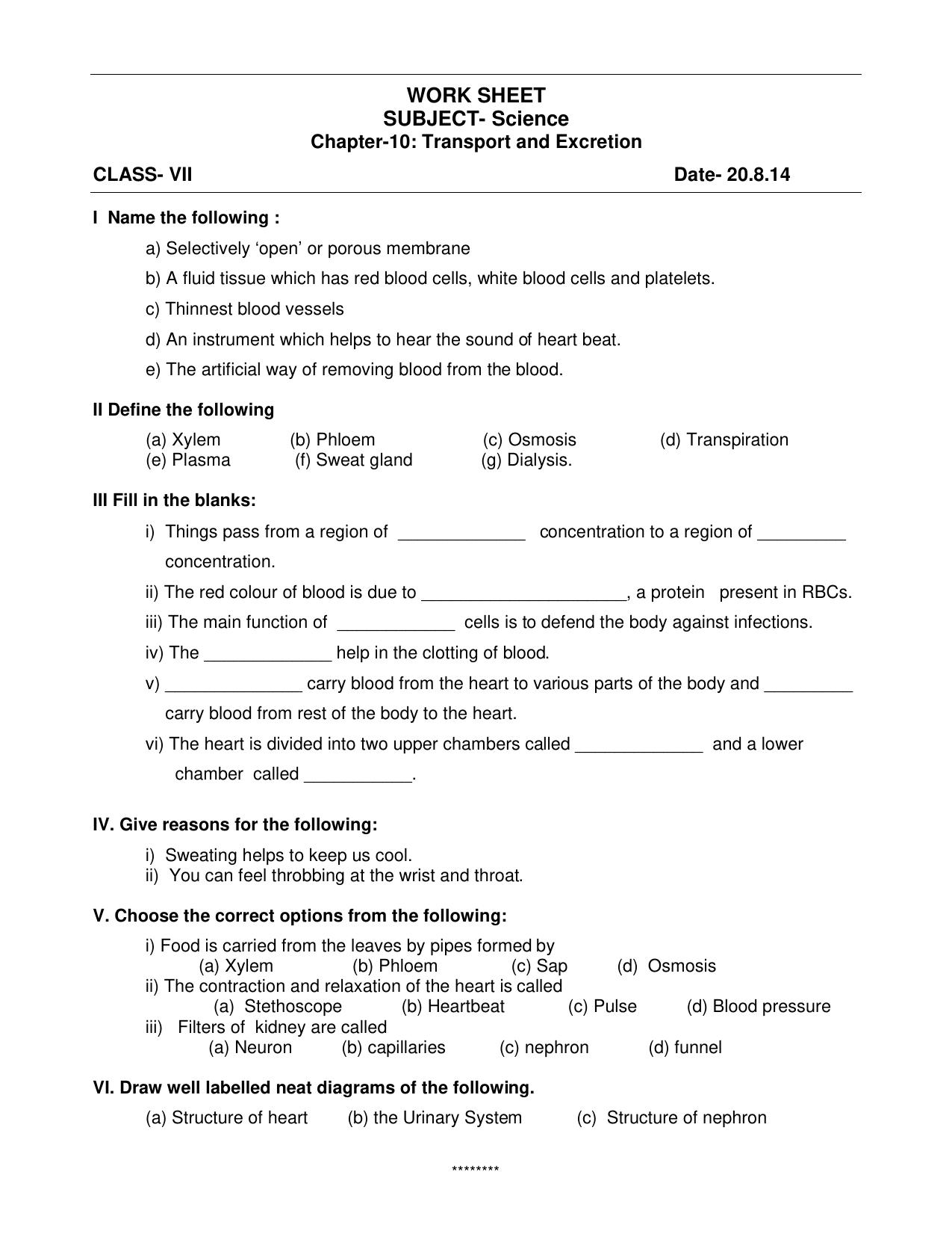 CBSE Worksheets for Class 7 Science Transport and Excretion Assignment - Page 1