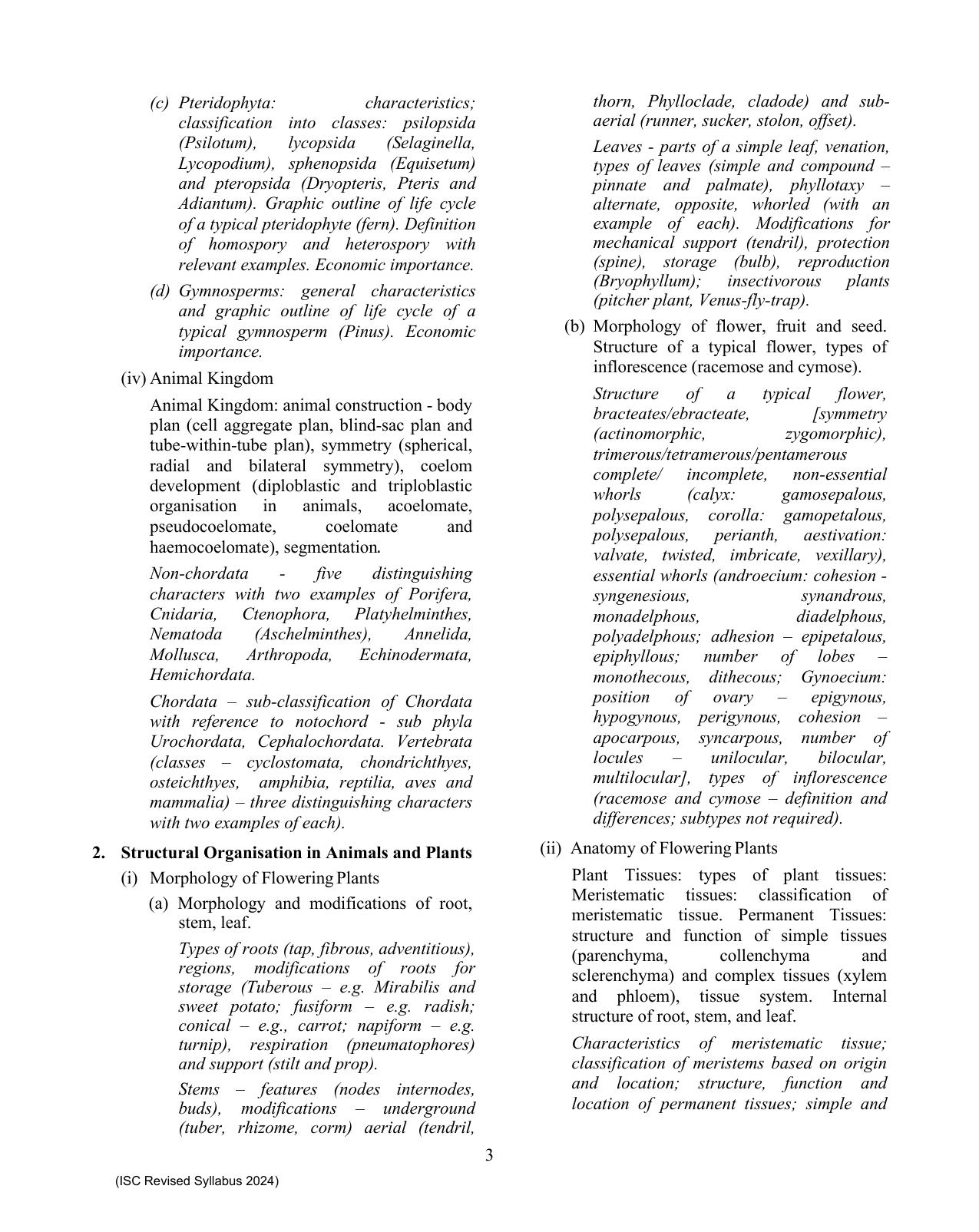 ISC Class XI Biology 2025 Syllabus - Page 3