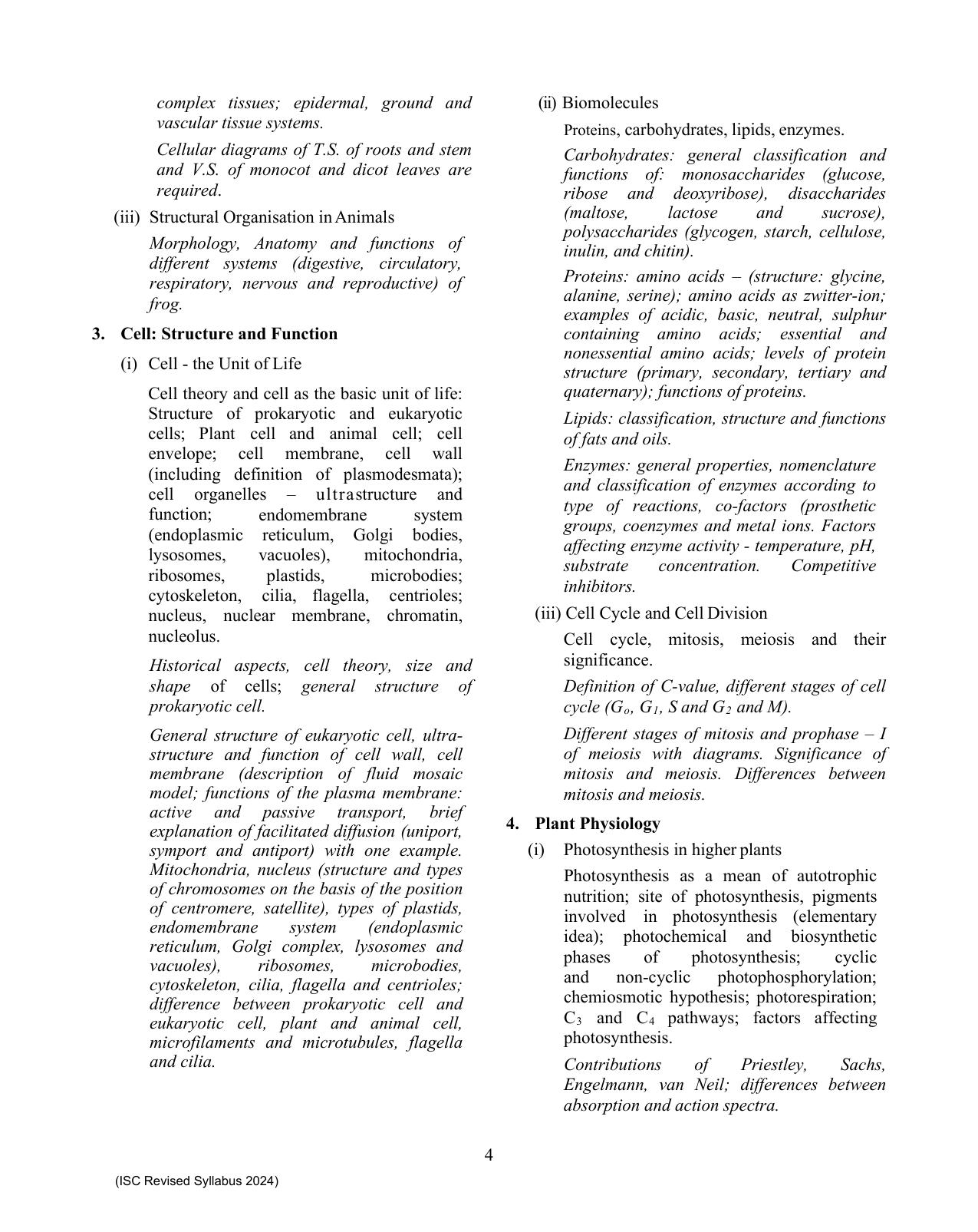 ISC Class XI Biology 2025 Syllabus - Page 4