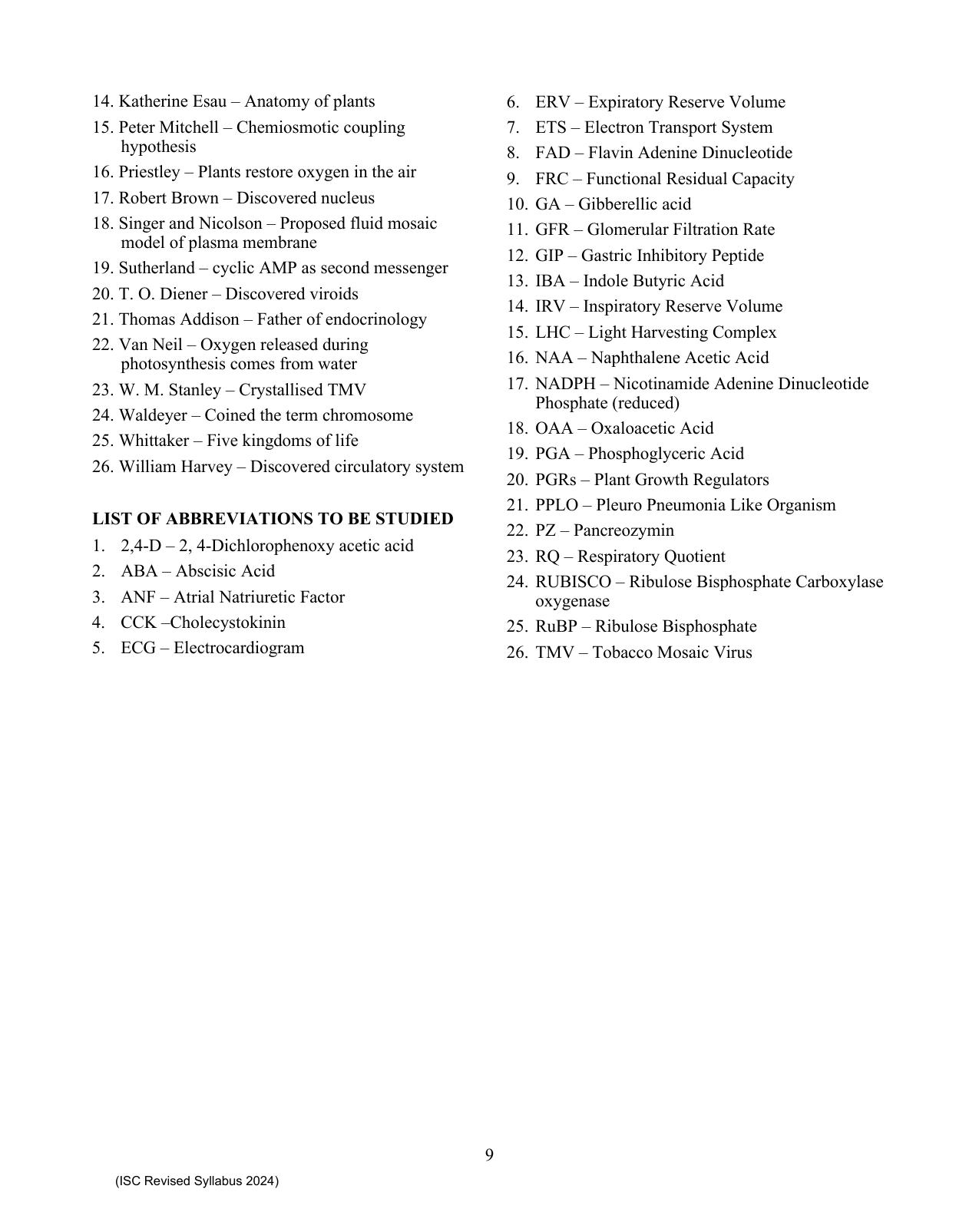 ISC Class XI Biology 2025 Syllabus - Page 9