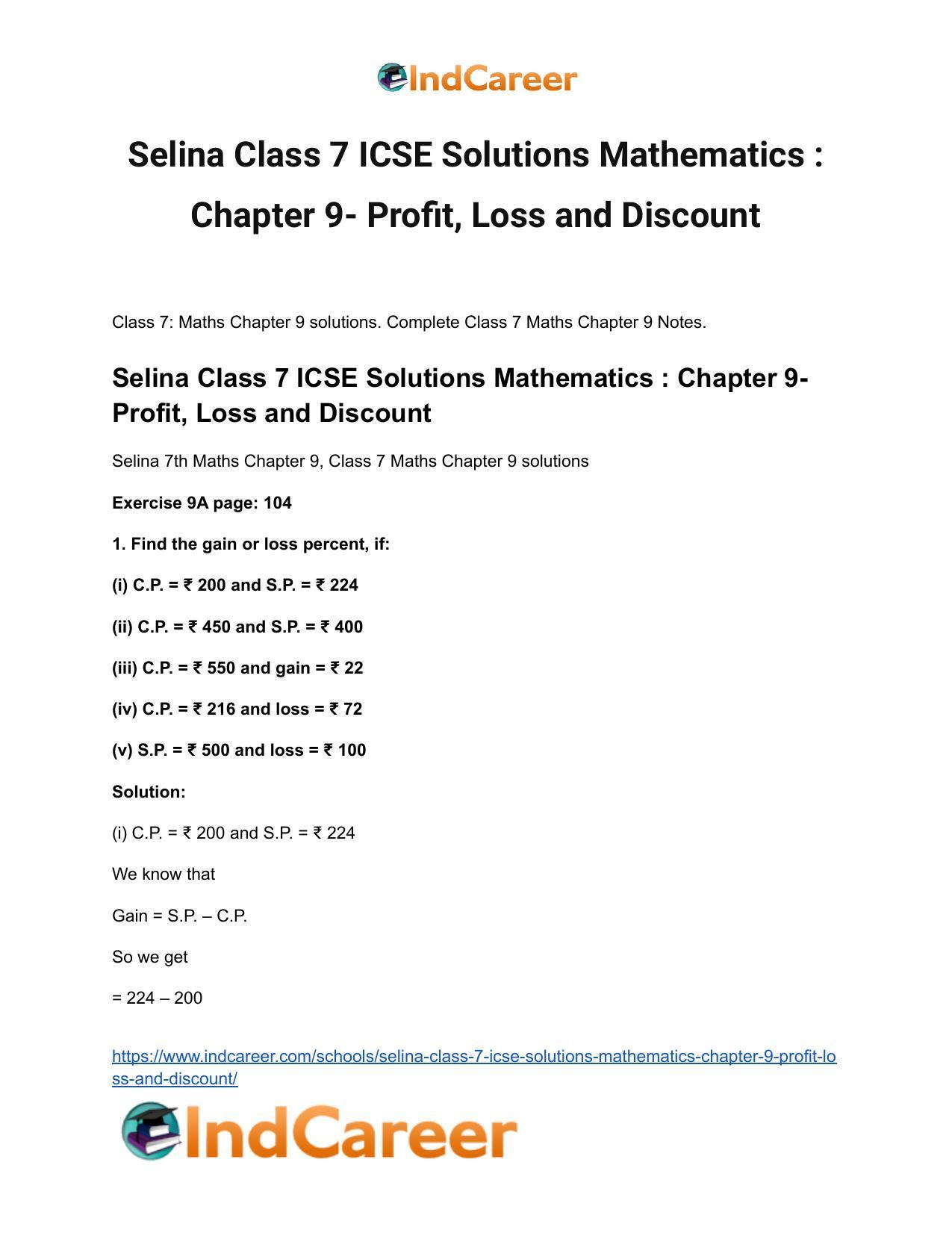 Selina Class 7 ICSE Solutions Mathematics : Chapter 9- Profit, Loss and Discount - Page 2