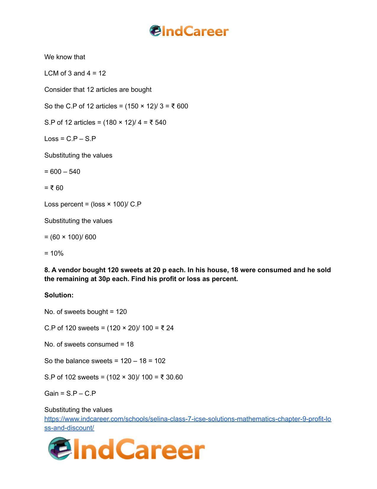 Selina Class 7 ICSE Solutions Mathematics : Chapter 9- Profit, Loss and Discount - Page 9