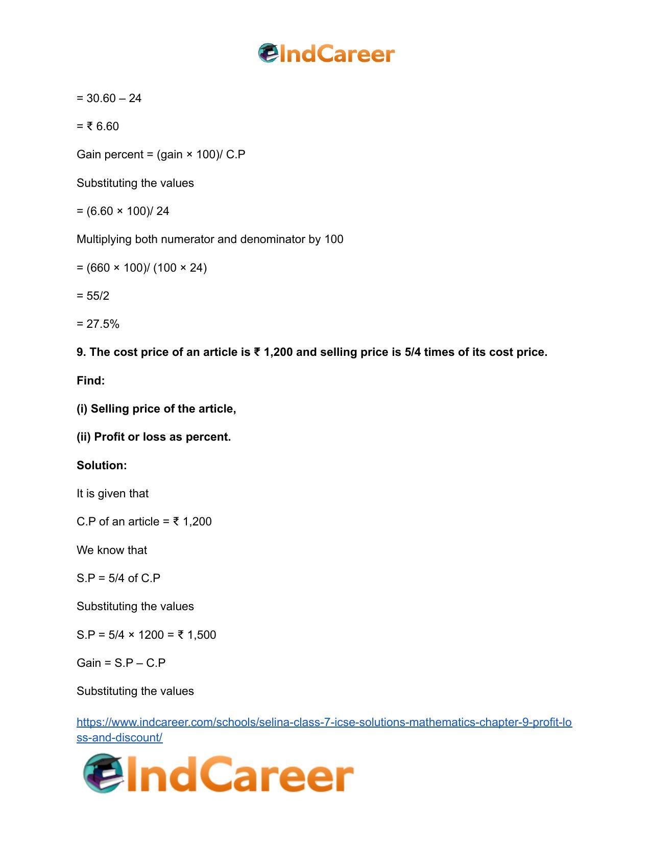 Selina Class 7 ICSE Solutions Mathematics : Chapter 9- Profit, Loss and Discount - Page 10