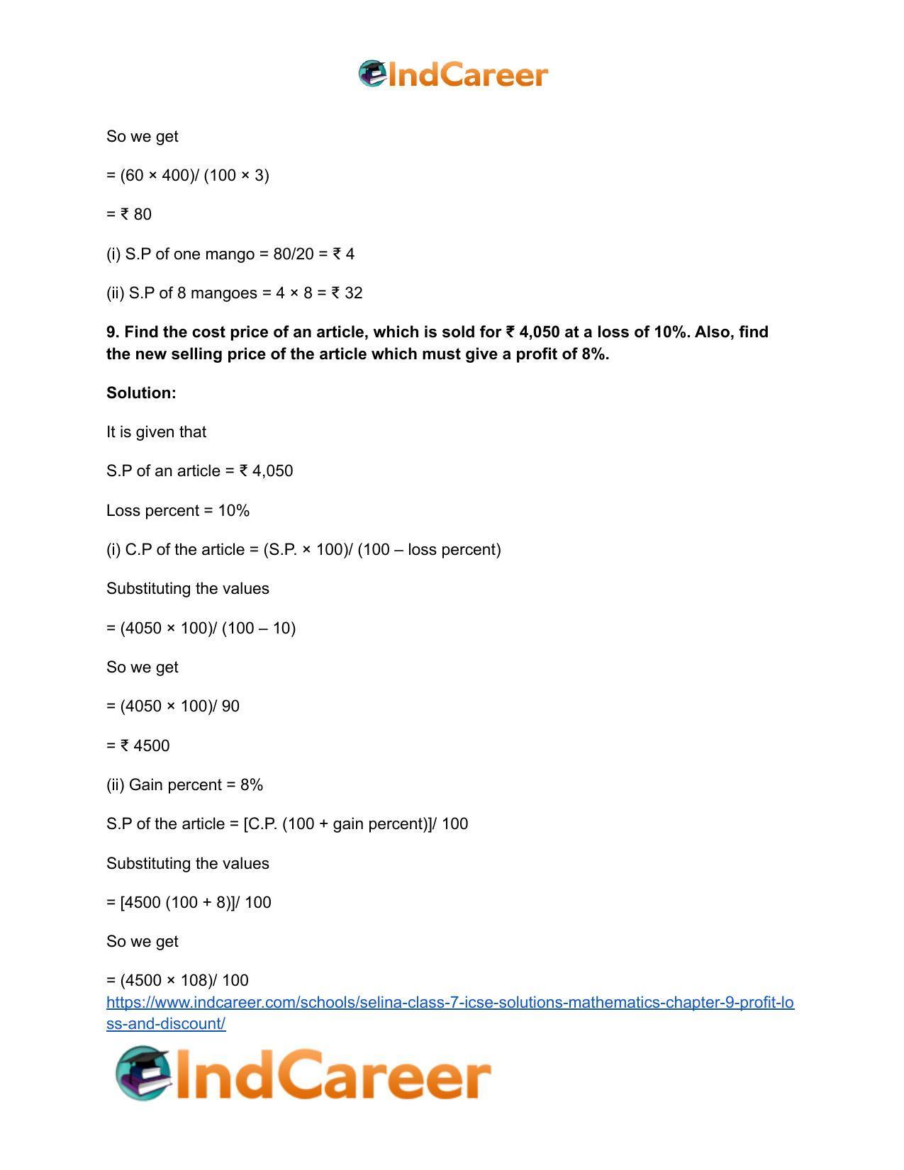 Selina Class 7 ICSE Solutions Mathematics : Chapter 9- Profit, Loss and Discount - Page 20