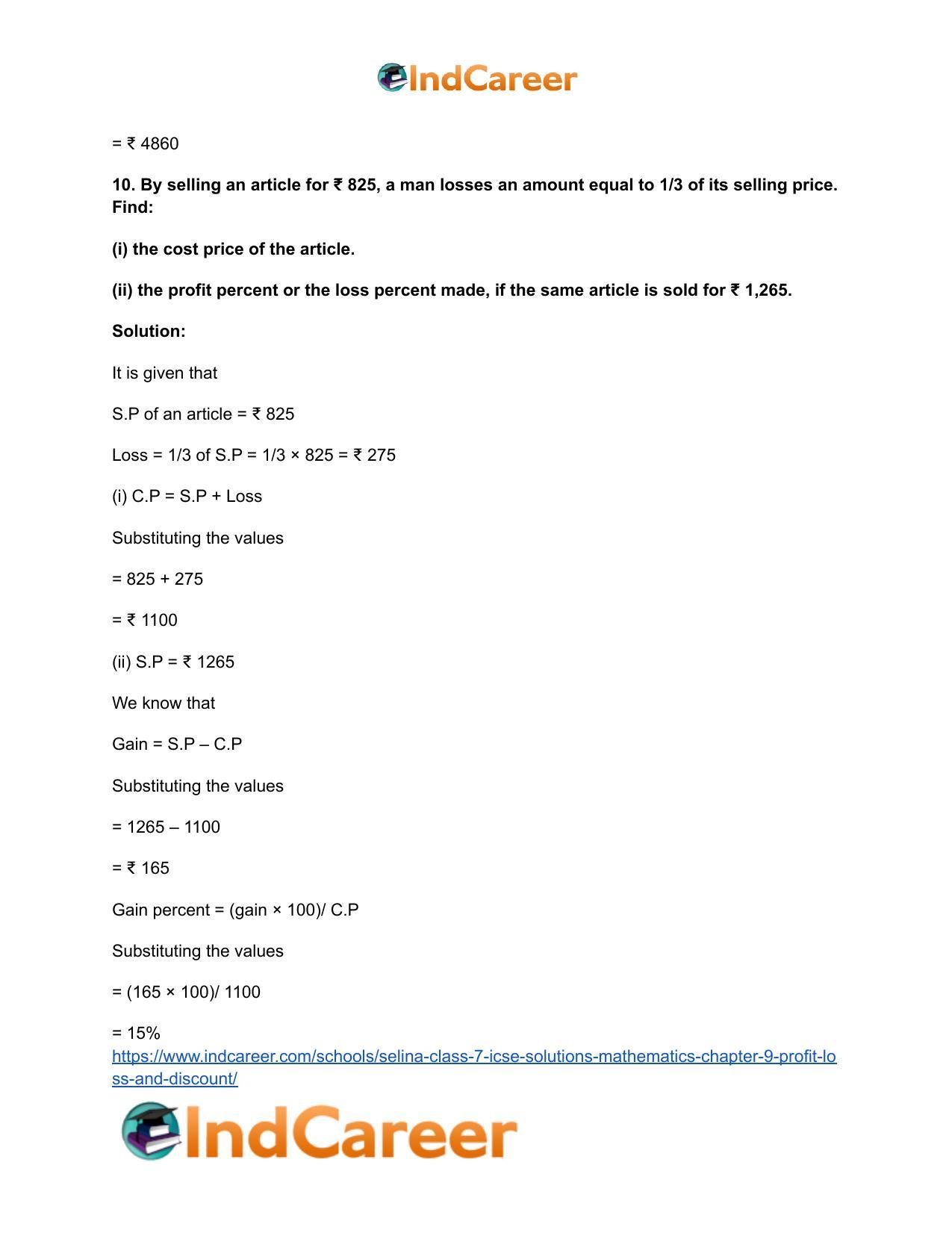 Selina Class 7 ICSE Solutions Mathematics : Chapter 9- Profit, Loss and Discount - Page 21