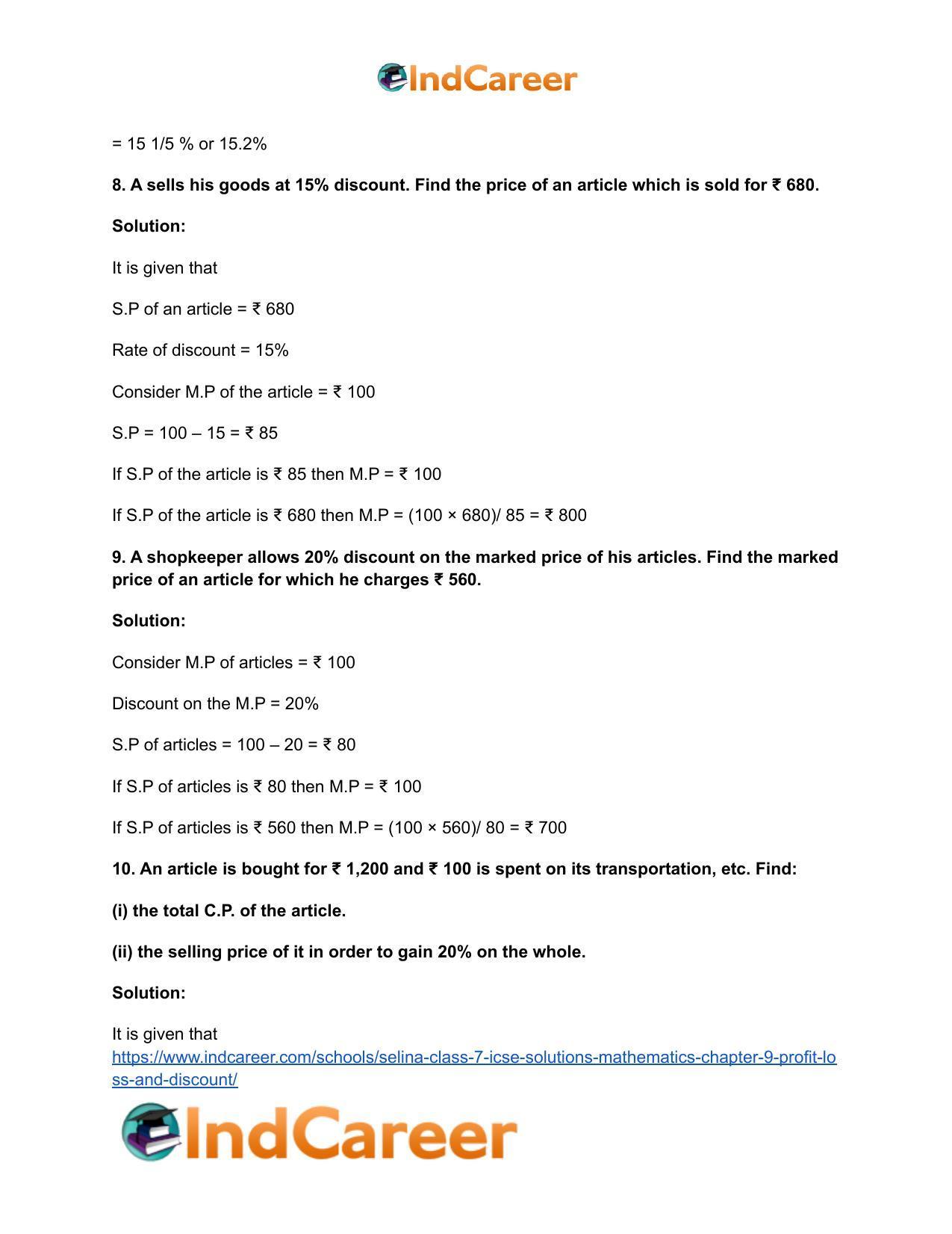 Selina Class 7 ICSE Solutions Mathematics : Chapter 9- Profit, Loss and Discount - Page 30