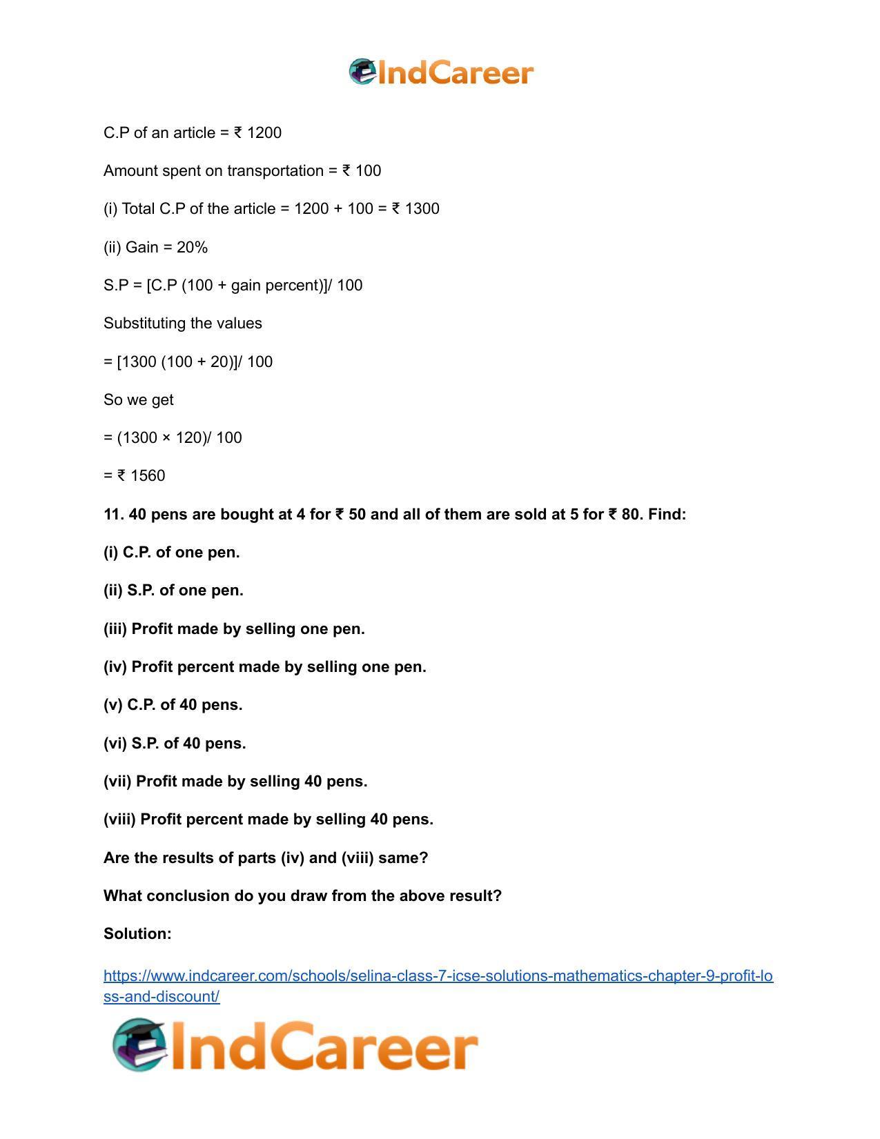Selina Class 7 ICSE Solutions Mathematics : Chapter 9- Profit, Loss and Discount - Page 31