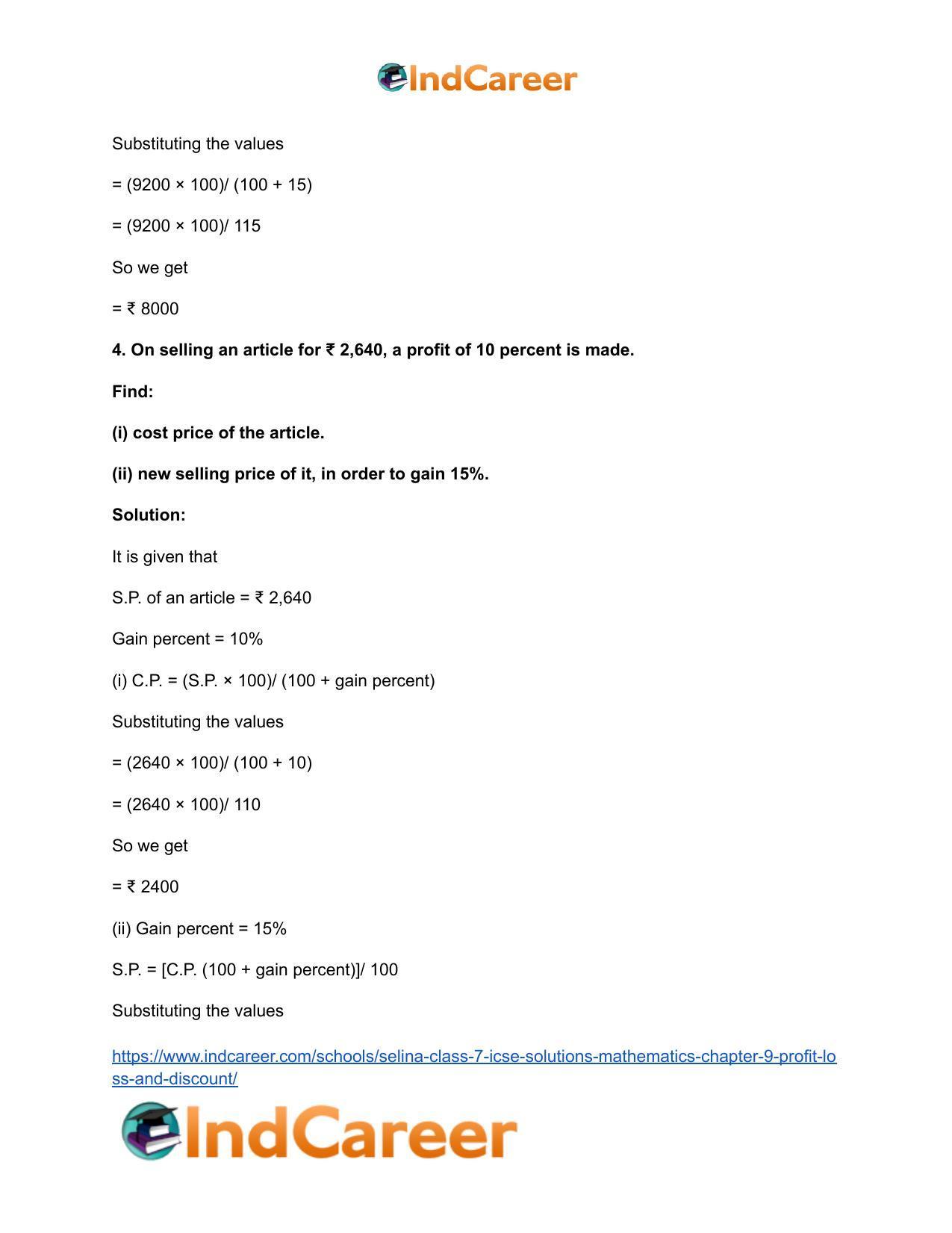 Selina Class 7 ICSE Solutions Mathematics : Chapter 9- Profit, Loss and Discount - Page 39