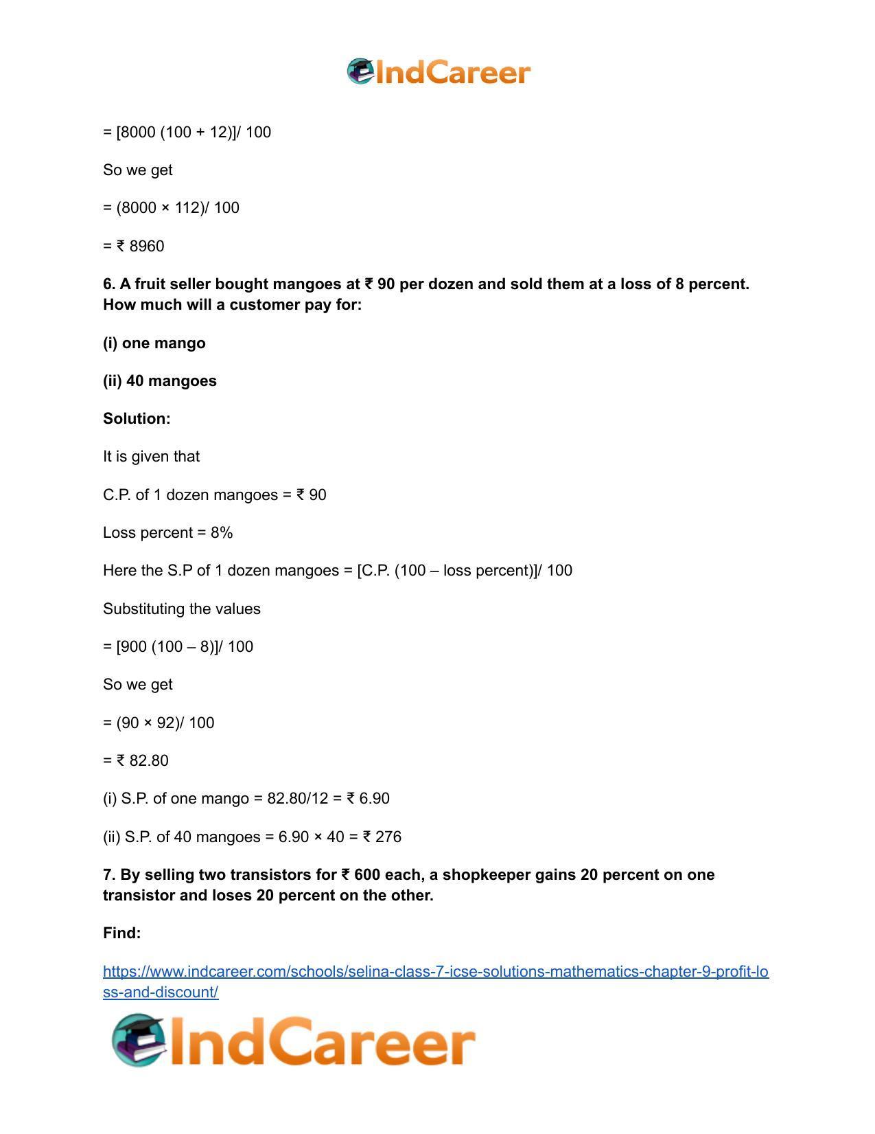 Selina Class 7 ICSE Solutions Mathematics : Chapter 9- Profit, Loss and Discount - Page 41