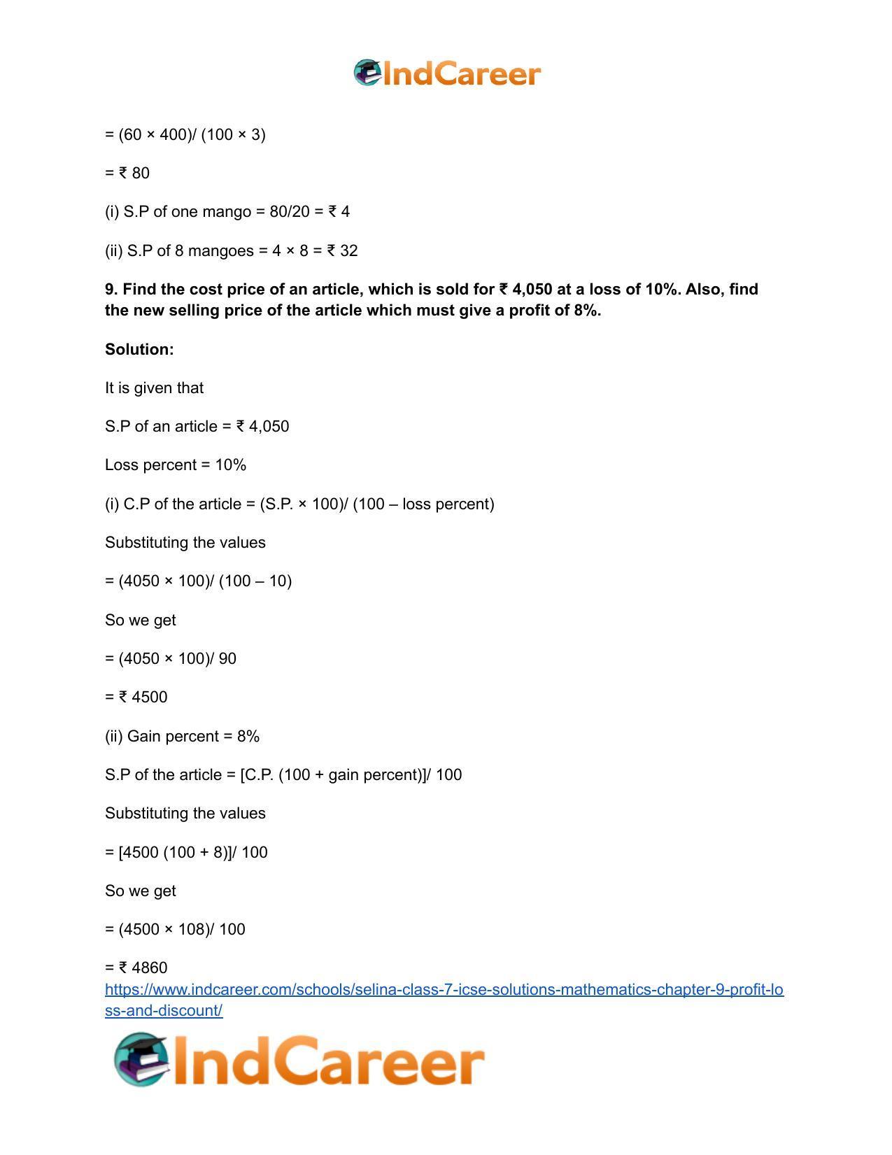 Selina Class 7 ICSE Solutions Mathematics : Chapter 9- Profit, Loss and Discount - Page 44