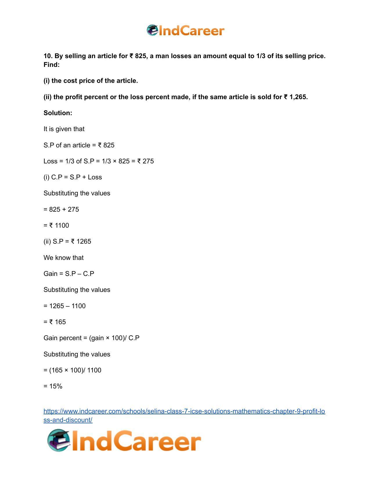 Selina Class 7 ICSE Solutions Mathematics : Chapter 9- Profit, Loss and Discount - Page 45
