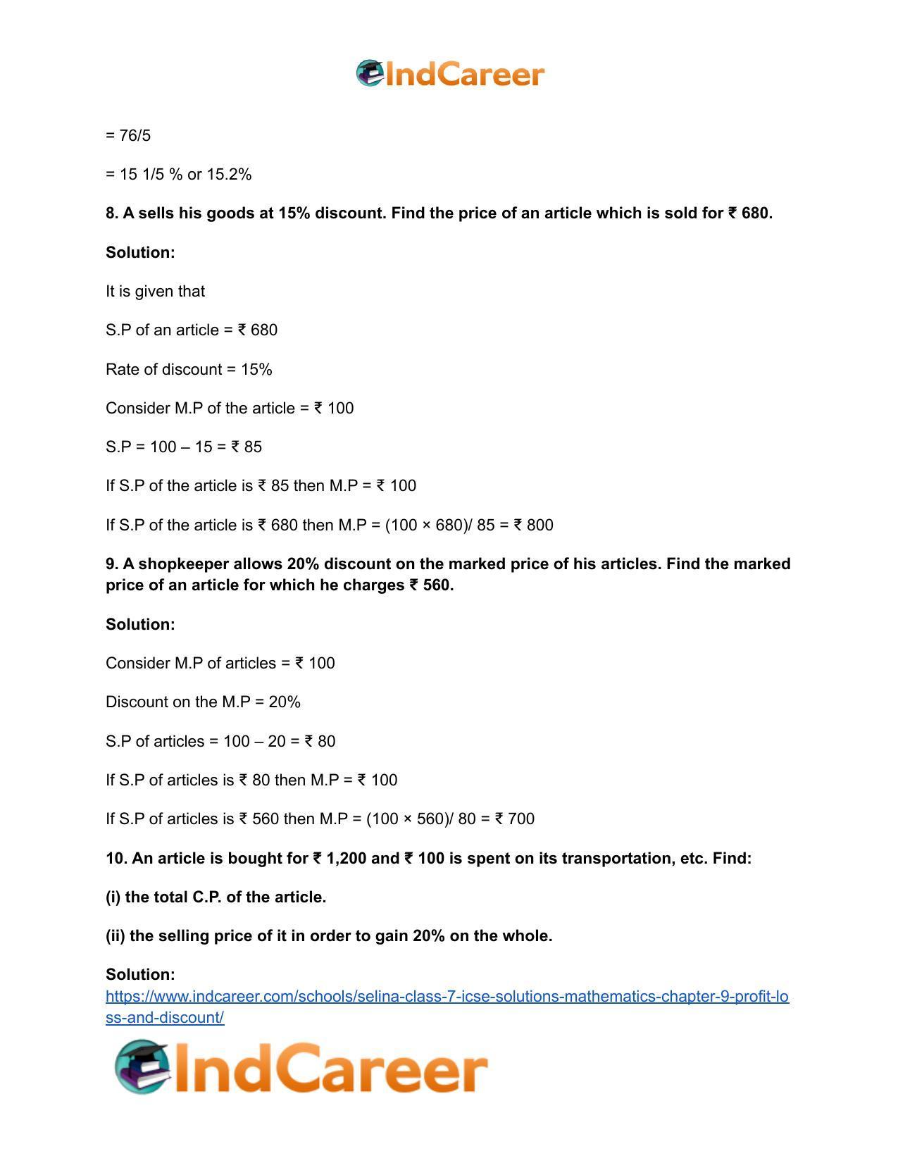Selina Class 7 ICSE Solutions Mathematics : Chapter 9- Profit, Loss and Discount - Page 54