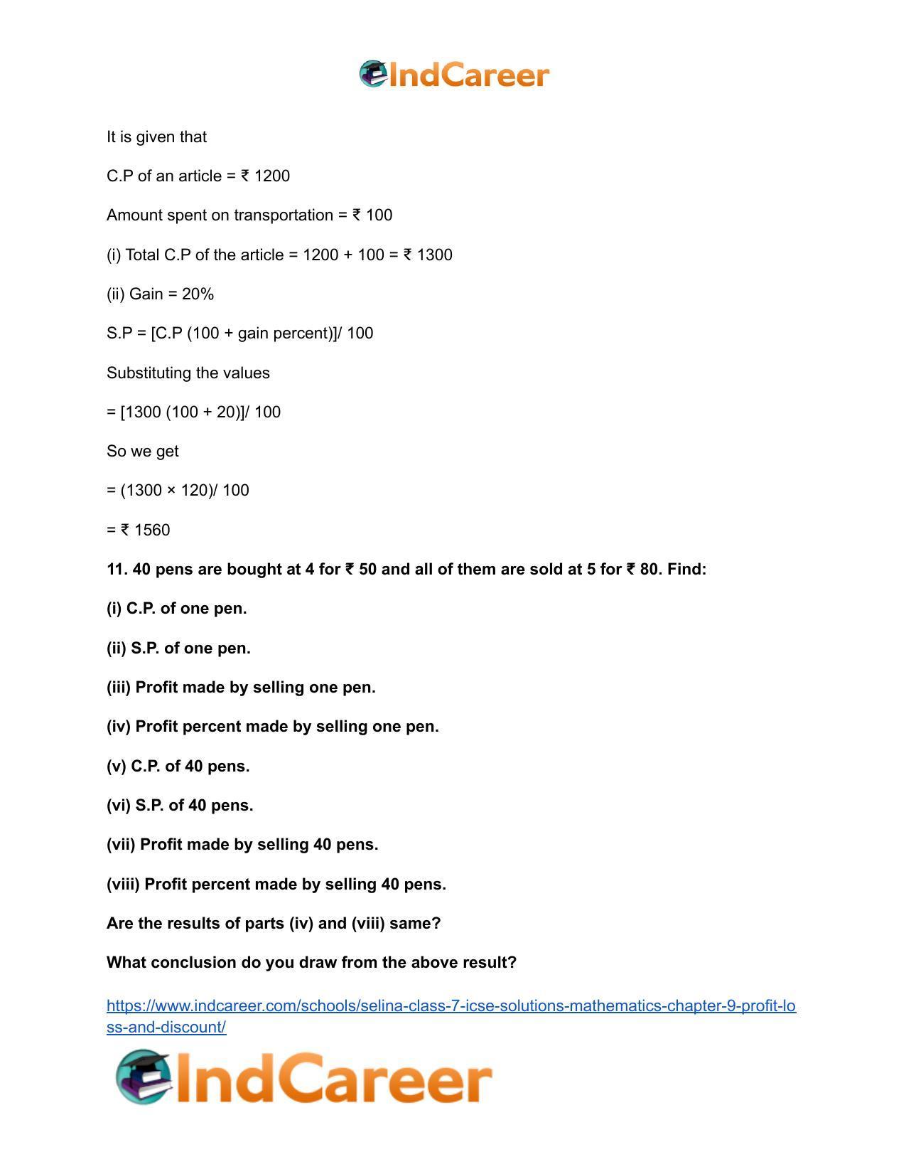Selina Class 7 ICSE Solutions Mathematics : Chapter 9- Profit, Loss and Discount - Page 55