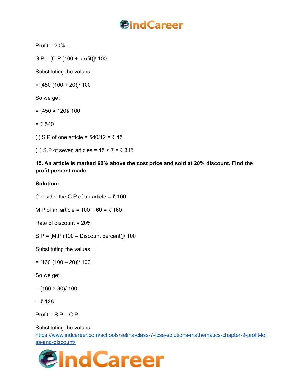 Selina Class 7 ICSE Solutions Mathematics : Chapter 9- Profit, Loss and Discount - Page 59