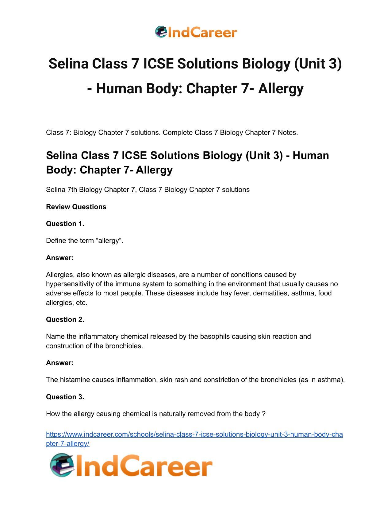 Selina Class 7 ICSE Solutions Biology (Unit 3) - Human Body: Chapter 7- Allergy - Page 2
