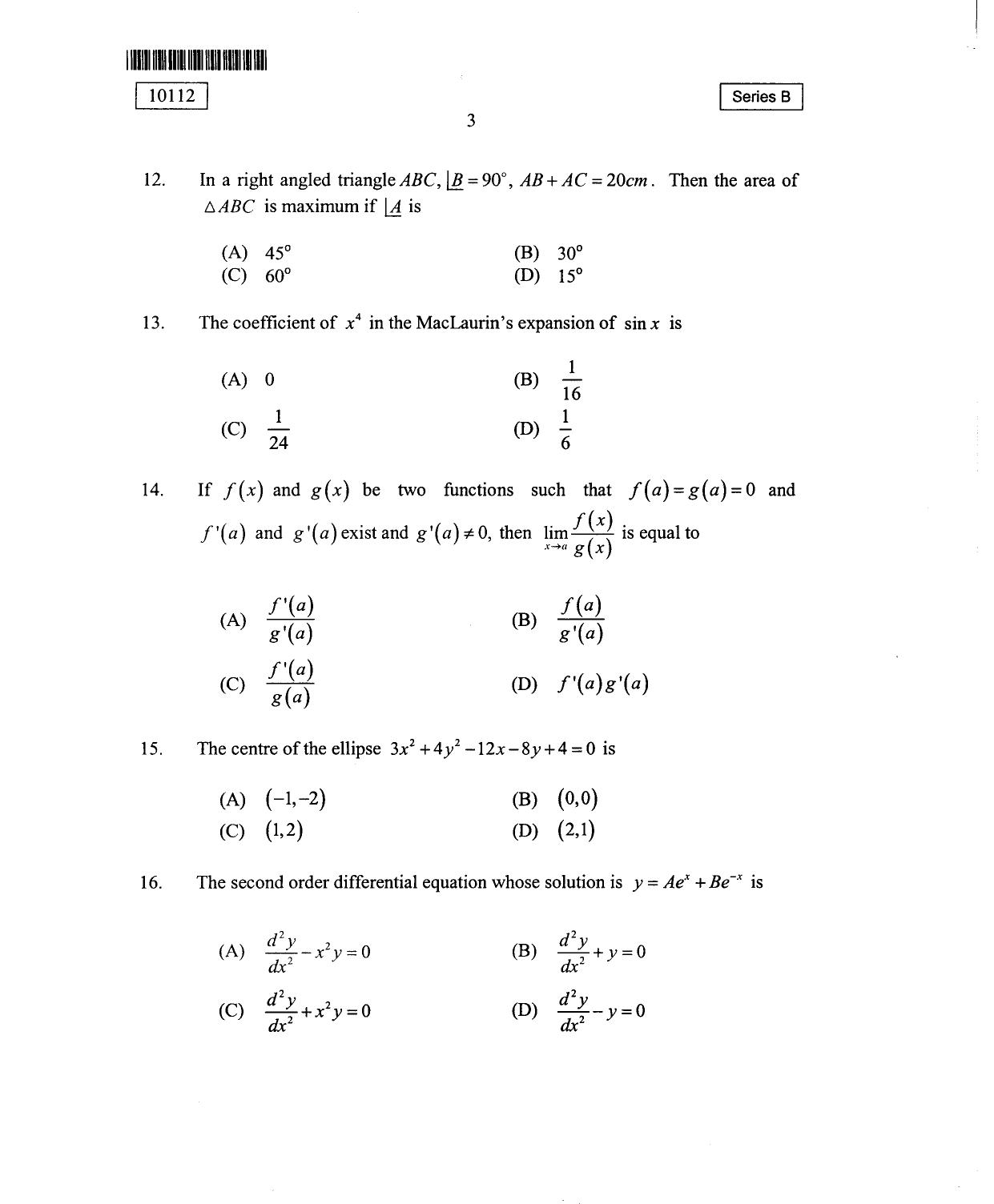 CUSAT CAT 2012 Mathematics, Physics & Chemistry Question Paper - Page 4