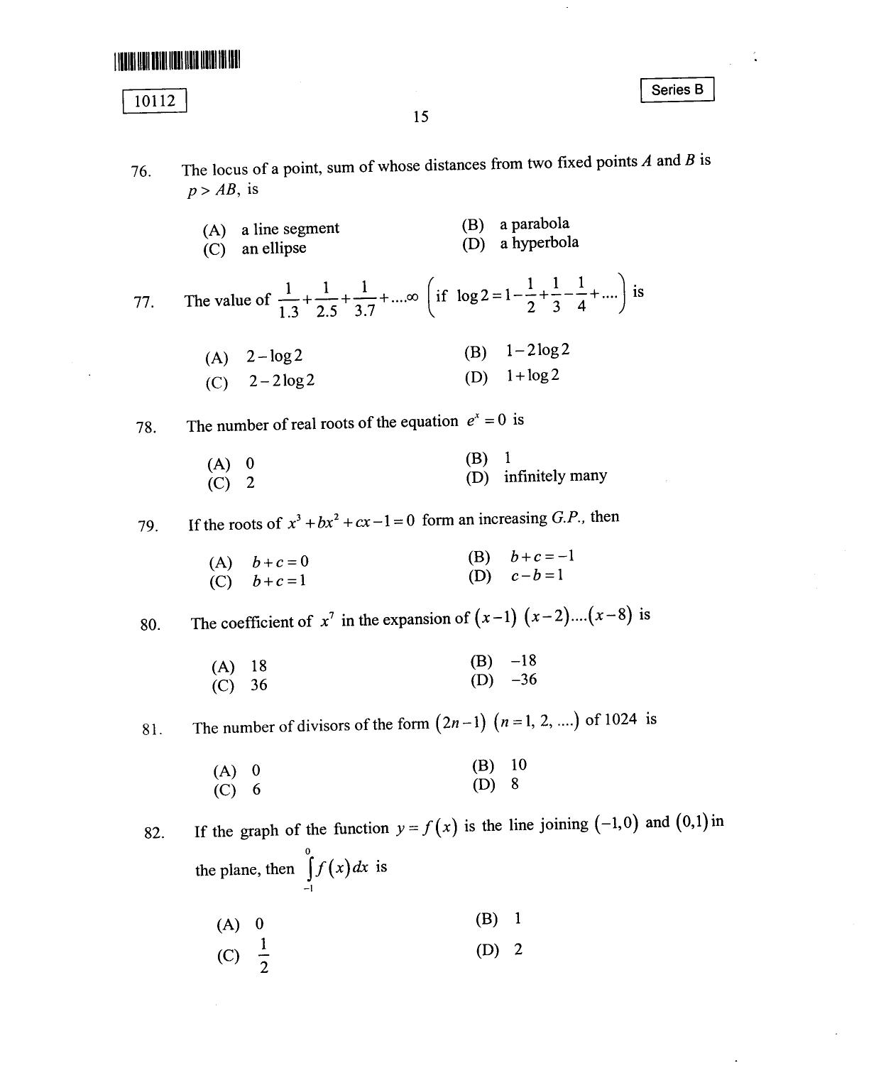 CUSAT CAT 2012 Mathematics, Physics & Chemistry Question Paper - Page 16