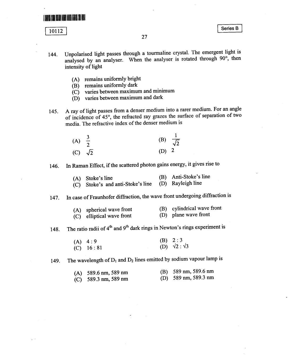 CUSAT CAT 2012 Mathematics, Physics & Chemistry Question Paper - Page 28