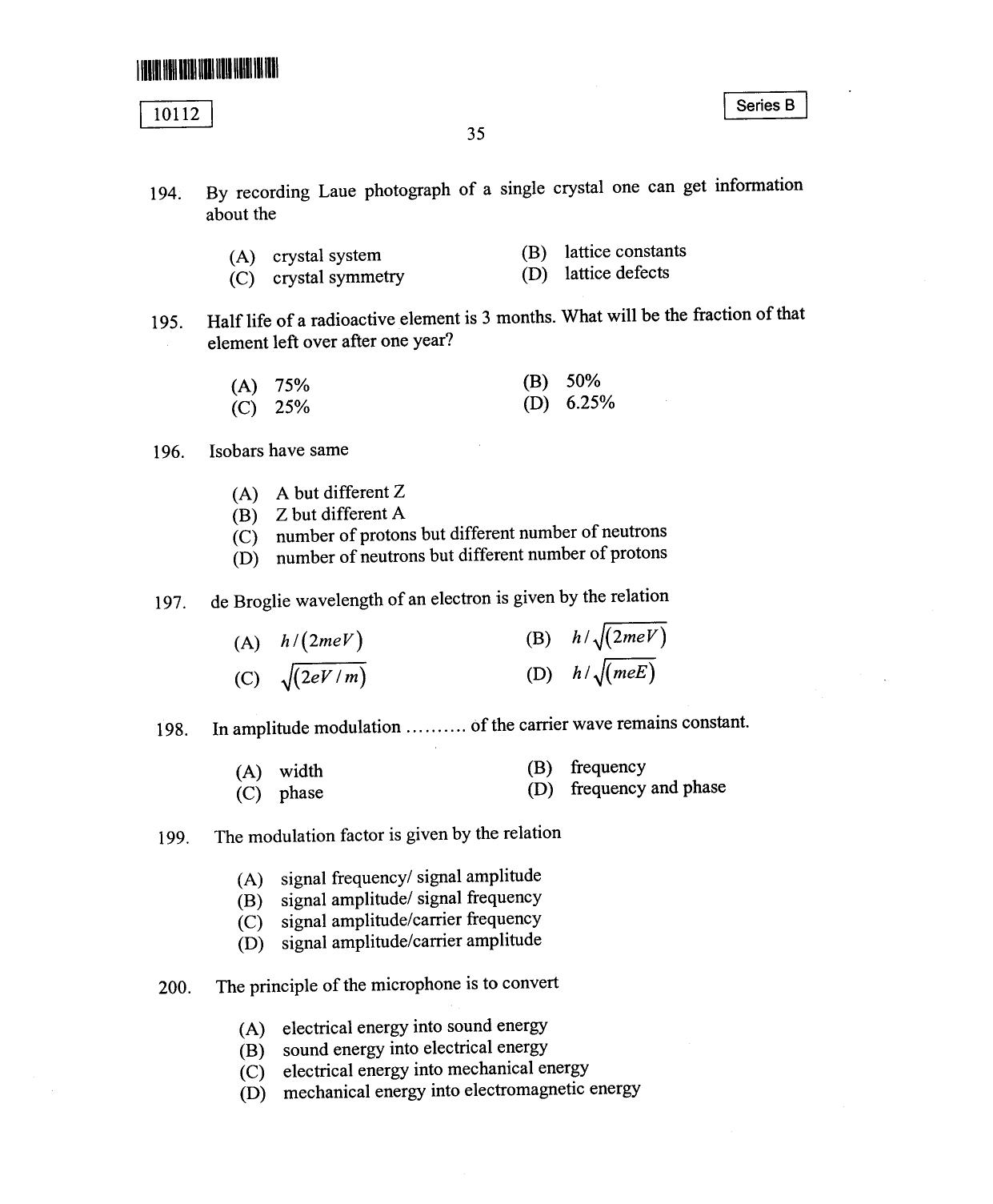 CUSAT CAT 2012 Mathematics, Physics & Chemistry Question Paper - Page 36