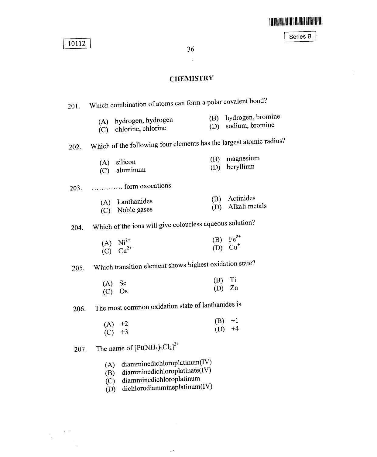 CUSAT CAT 2012 Mathematics, Physics & Chemistry Question Paper - Page 37