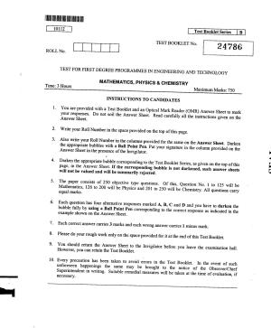 CUSAT CAT 2012 Mathematics, Physics & Chemistry Question Paper