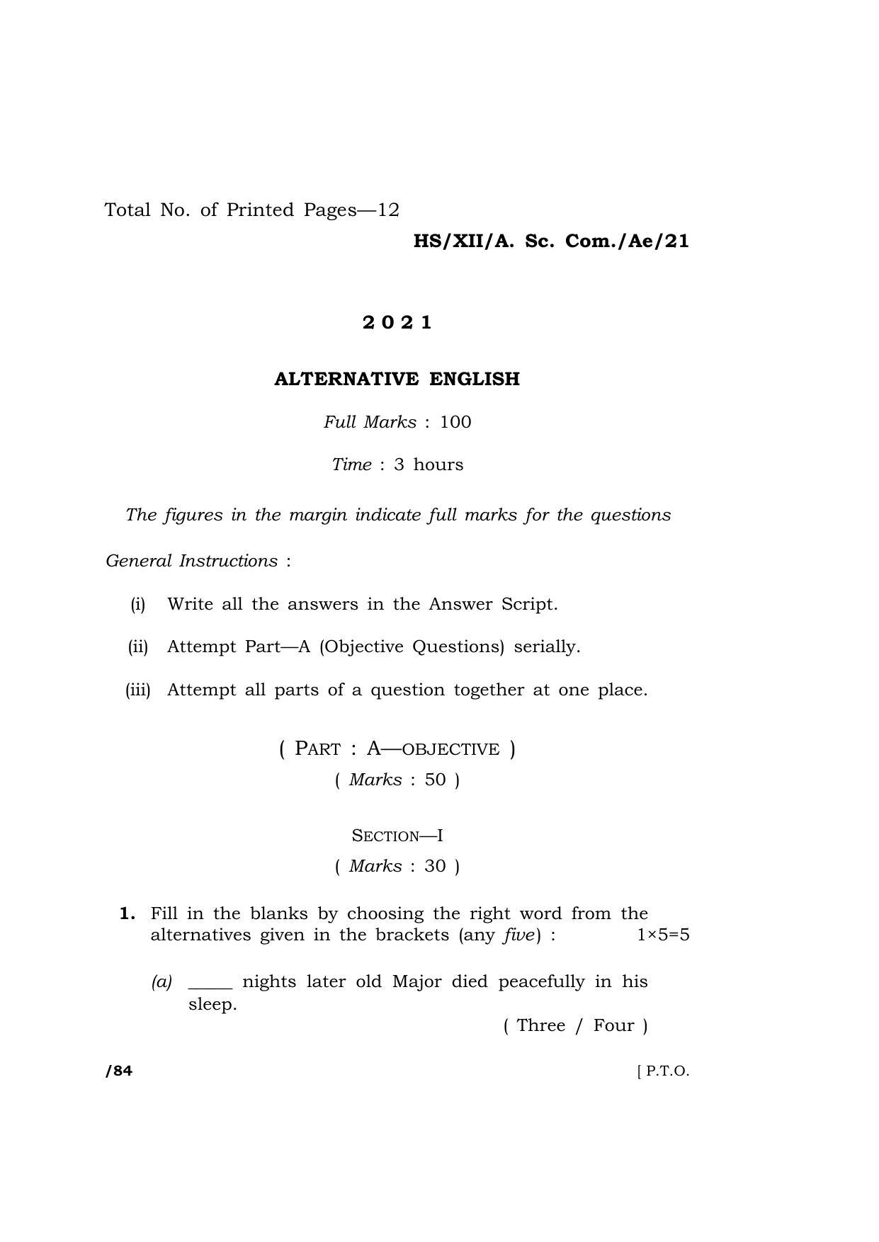 Meghalaya Board (MBOSE) Class 12 ALTERNATIVE ENGLISH  (HS-XII-A. Sc. Com.-Ae-21) 2021 Question Paper - Page 1