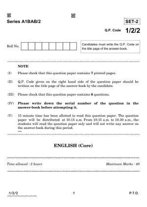 CBSE Class 12 1-2-2 English Core 2022 Question Paper