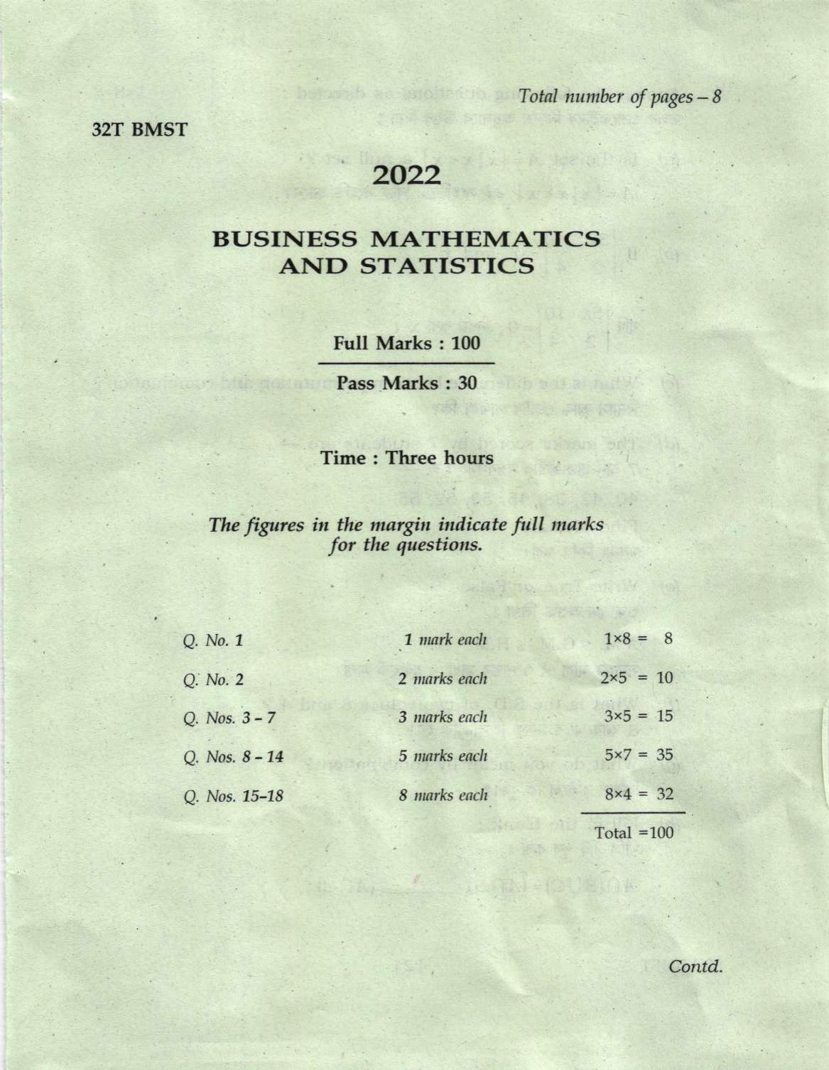 Assam HS 2nd Year Business Mathematics and Statistics 2022 Question Paper - Page 1
