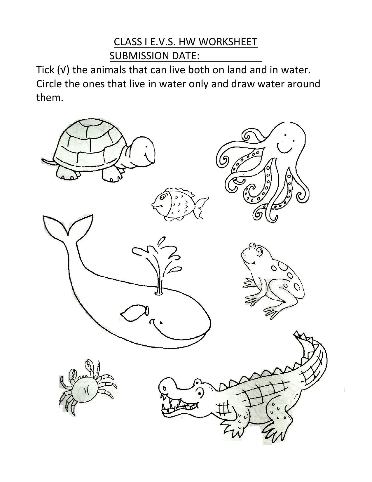 Worksheet for Class 1 EVS Animals Land and Water Assignment - Page 1