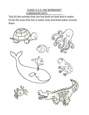 Worksheet for Class 1 EVS Animals Land and Water Assignment