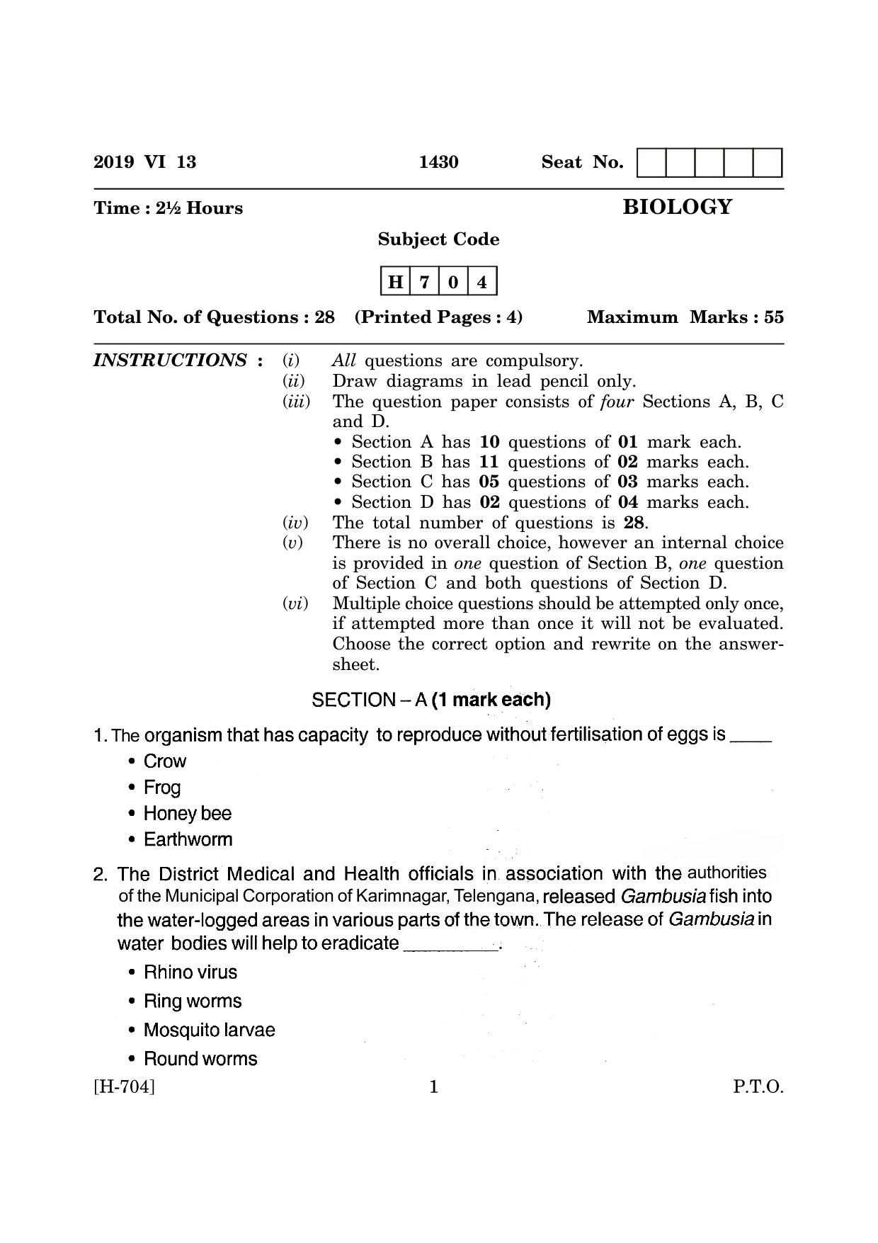 Goa Board Class 12 Biology (June 2019) Question Paper - Page 1