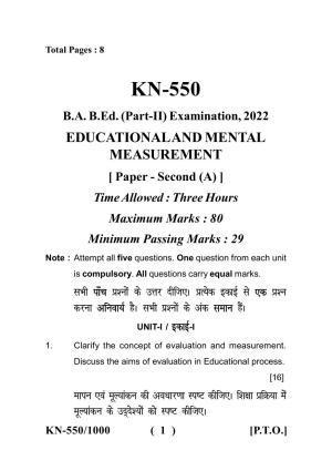 Sarguja University Question Paper - 2022 :   B.A.Bed 04 Year Integrated Course(Second Year)Educational And Mental Measurement Paper I