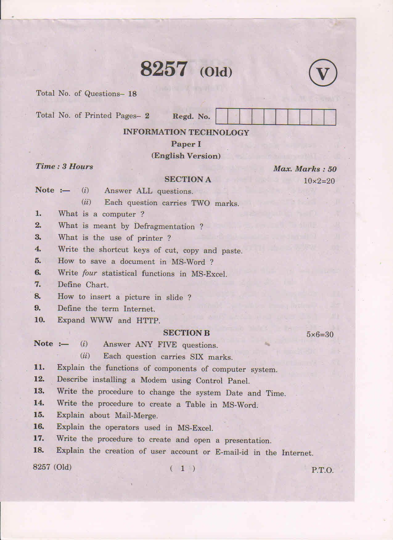 AP Inter 1st Year Information Technology-I (Old) March-2019-Vocational Question Paper - Page 1