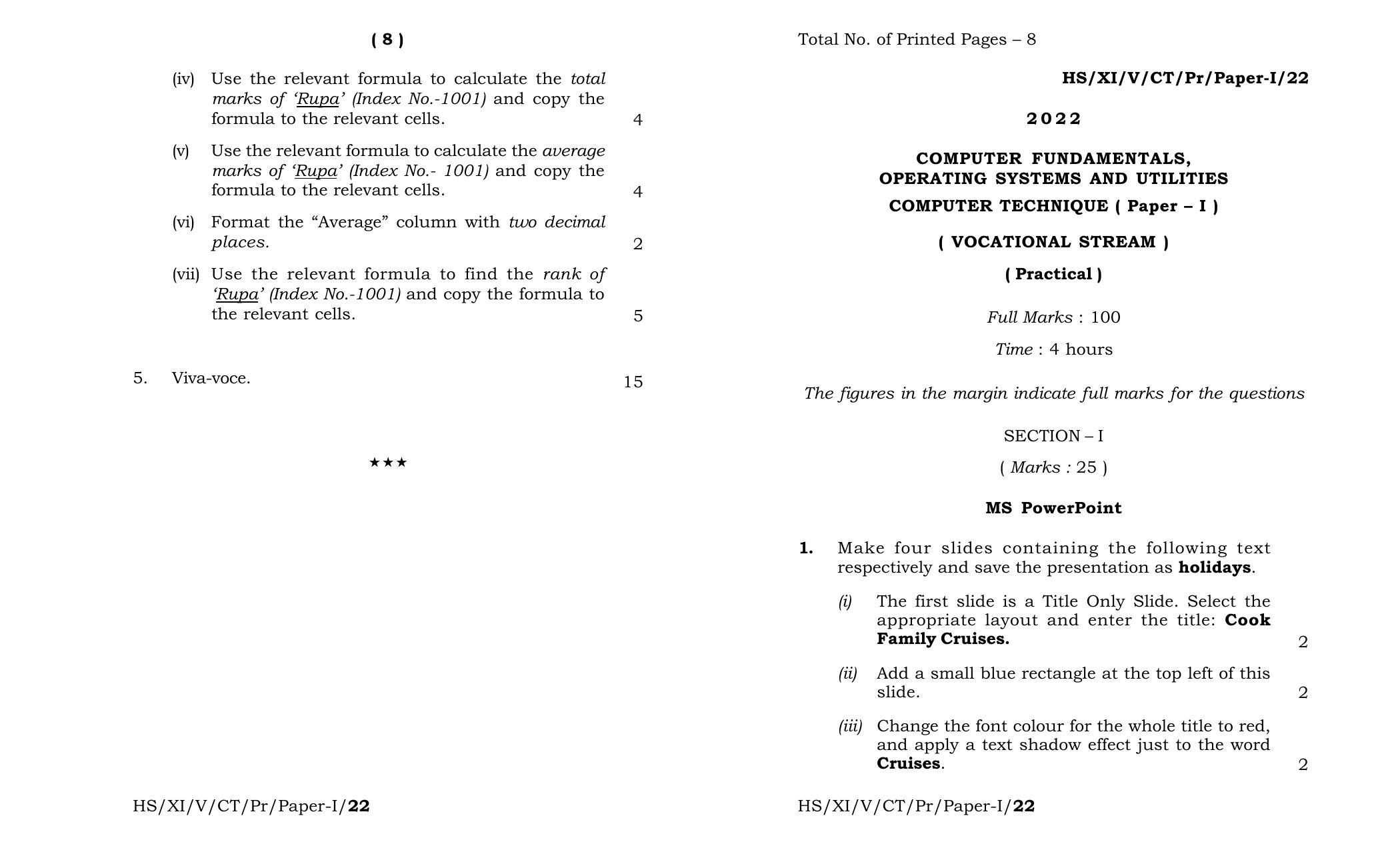 Meghalaya Board (MBOSE) Class 11 Computer Technique Paper I (practical) 2022 Question Paper - Page 1