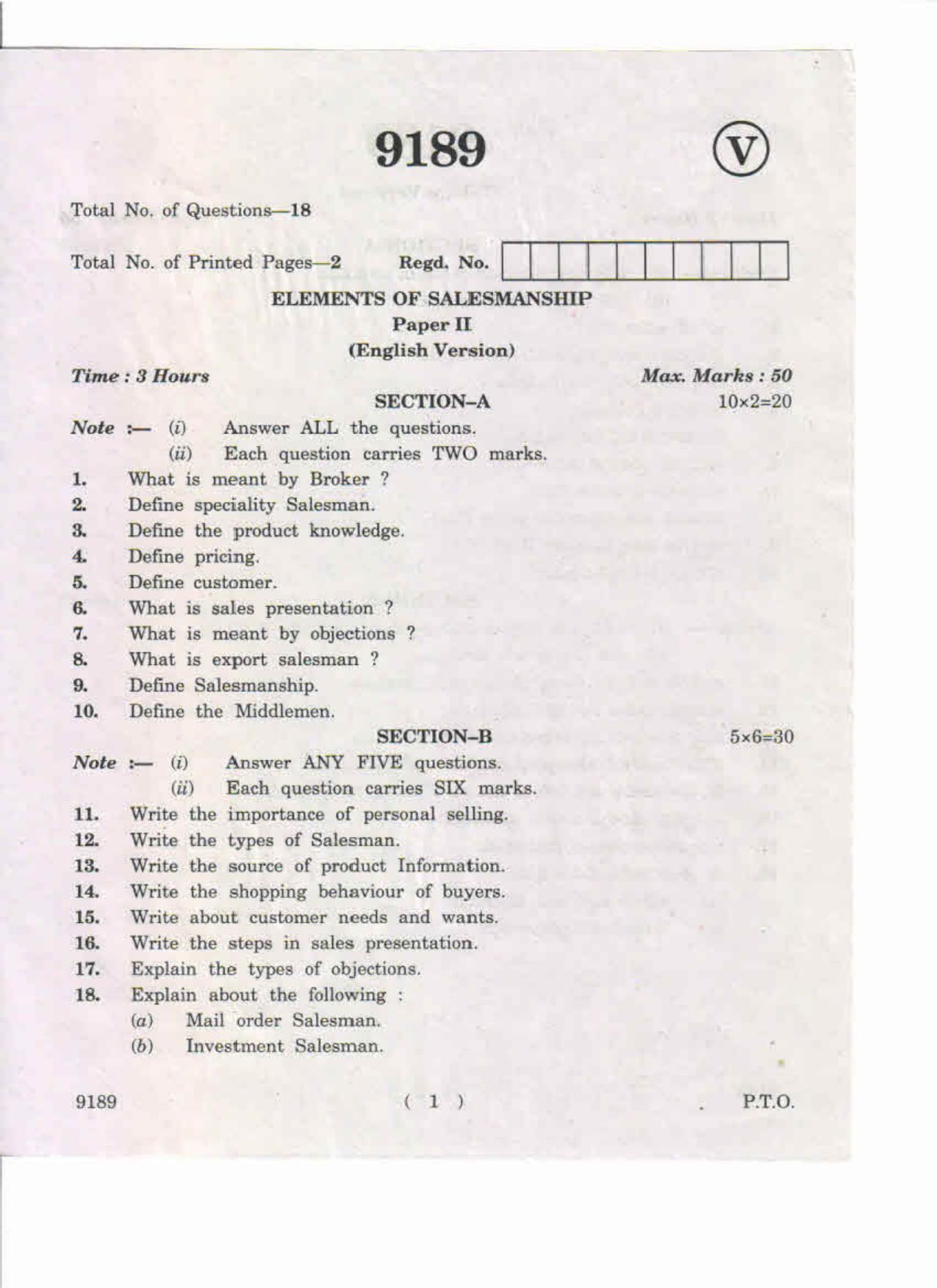 AP Inter 2nd Year Elements of Salesmanship-II May-2019-Vocational Question Paper - Page 1