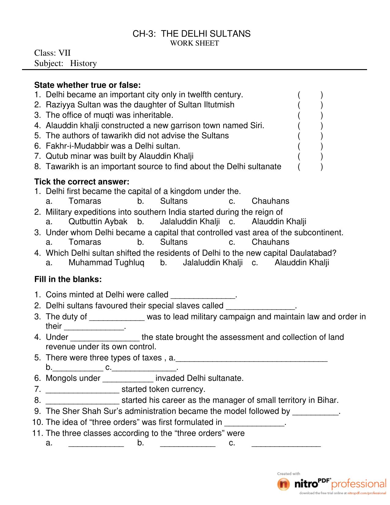 CBSE Worksheets for Class 7 History The Delhi Sultans Assignment - Page 1