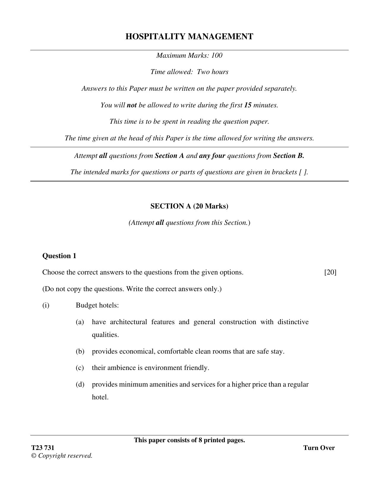 ICSE Class 10 HOSPITALITY MANAGEMENT 2023 Question Paper - Page 1